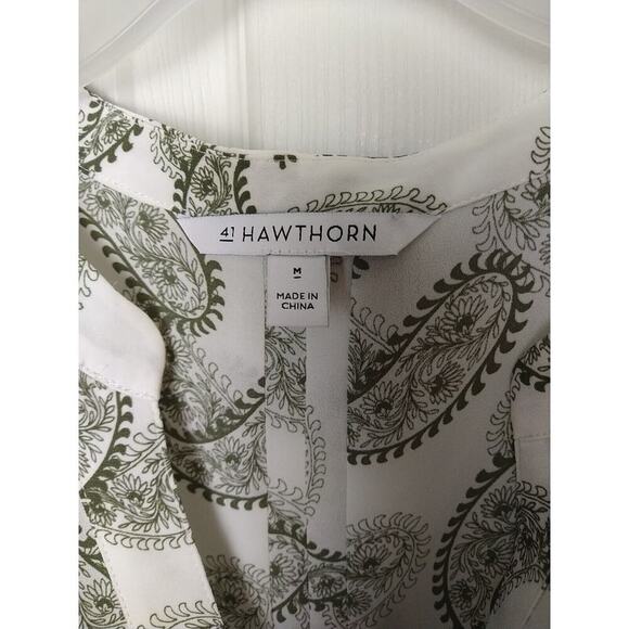 41Hawthorn Green White Paisley V Neck Belle Flare Tie Sleeves Sheer. Size M - Picture 3 of 11